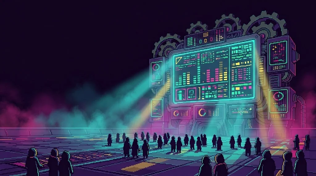 The Shill Arena at night: hooded holders under the giant scoreboard