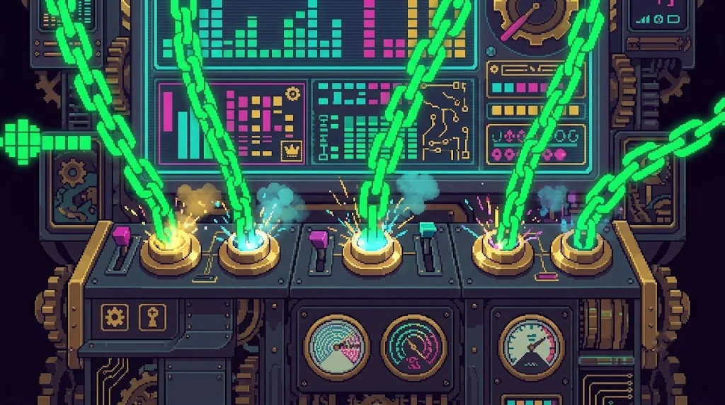 Glowing pixel chains plugging into the Scorer's sockets