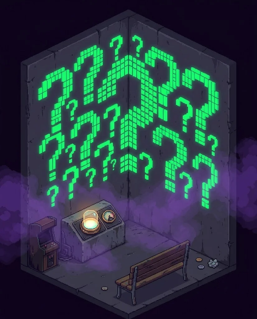 A dark arena corner with glowing question marks