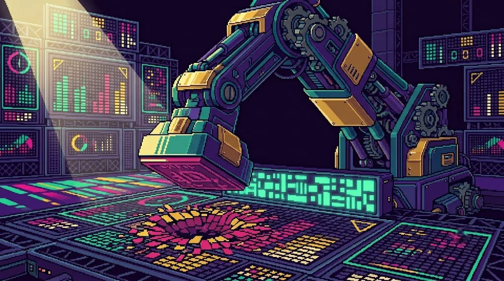 The Scorer's mechanical arm slamming a stamp into the board, leaving a pixel crater